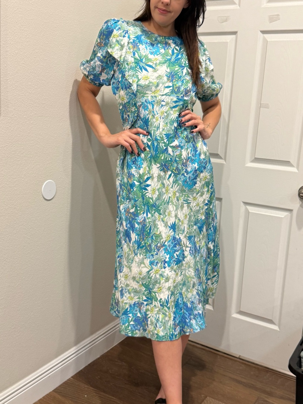 Ted Baker London Blue & Green Floral Midi Dress with Puff Sleeves